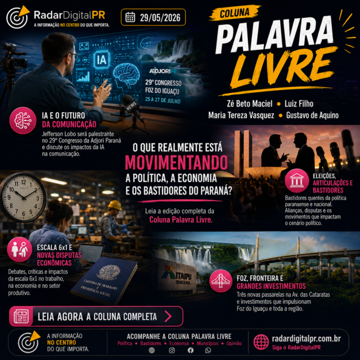 Inteligência artificial, eleições, servidores, Itaipu, cannabis medicinal e articulações políticas movimentam mais uma edição da coluna Palavra Livre.