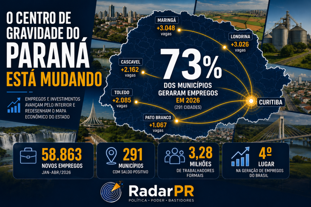 Empregos, investimentos e crescimento avançam pelo interior e fortalecem cidades médias, redesenhando o mapa econômico e político do Paraná.