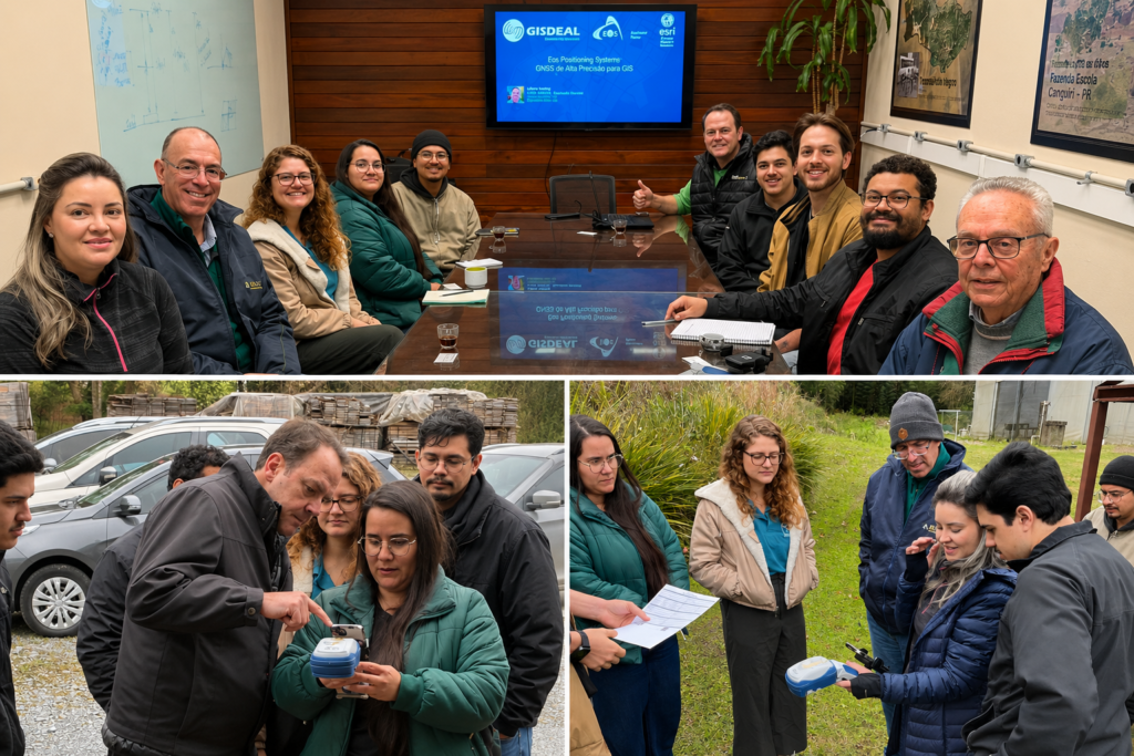 Pesquisadores da UFPR e a equipe da GISDEAL durante apresentação e testes de campo com o receptor GNSS Skadi Series™, da Eos Positioning Systems®, no Laboratório de Manejo Florestal (Biofix), em Curitiba. A atividade reuniu demonstrações de posicionamento de alta precisão com tecnologia RTK e discussões sobre a integração de dados GNSS, drones e diferentes sensores aplicados à pesquisa florestal. Foto: Divulgação/GISDEAL